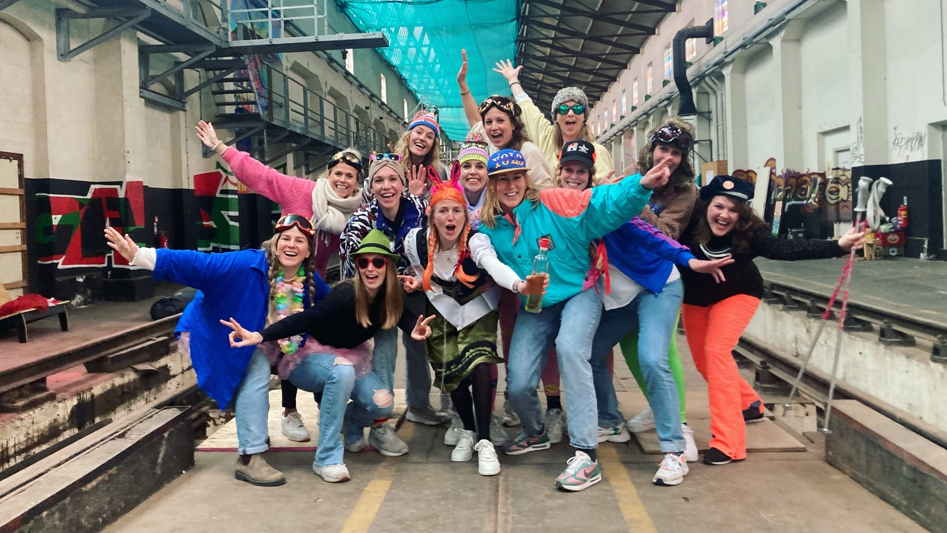 Indoor lip dub stag hen party group at a location in Utrecht.